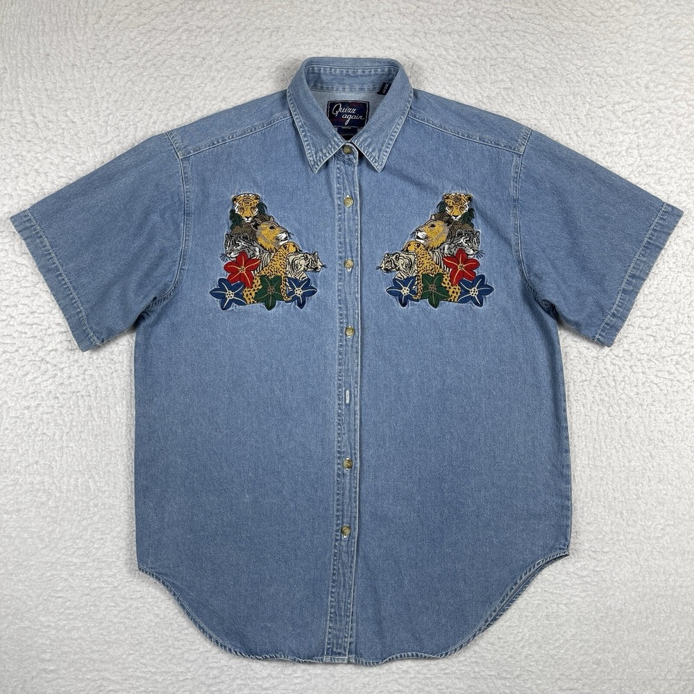 Quizz Again Denim‎ Shirt Womens Medium Blue Embroidered 90s Safari Animals